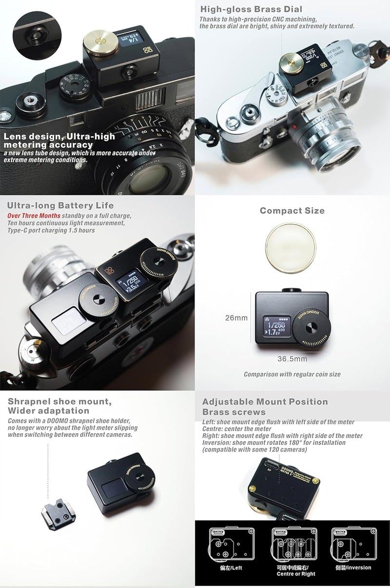 DOOMO MADE OLED Light Meter, Meter S Brass Version, New Screen Design, Real-time Metering and One-Button Metering for Vintage Cameras (Brass Dial) - Image 4